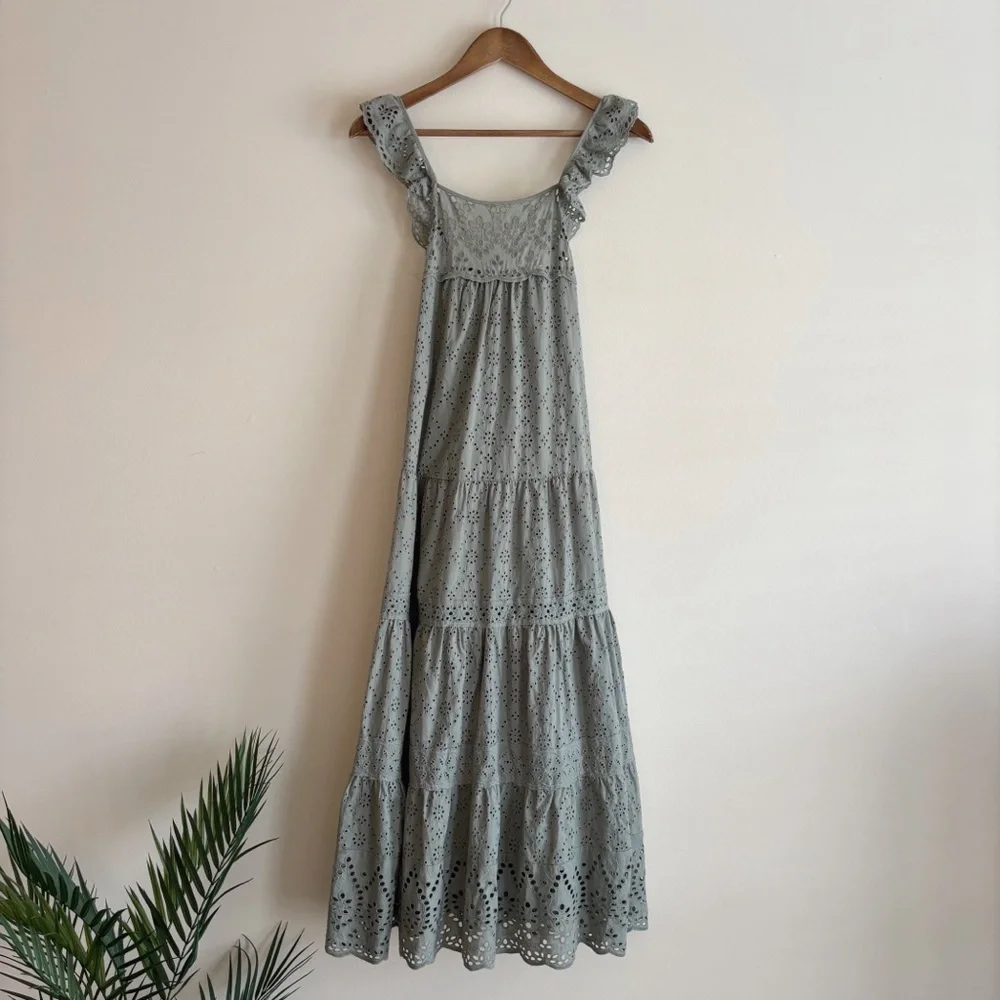Current Air Sage Green Tiered Eyelet Midi Dress XS Anthropologie - Picture 1 of 9